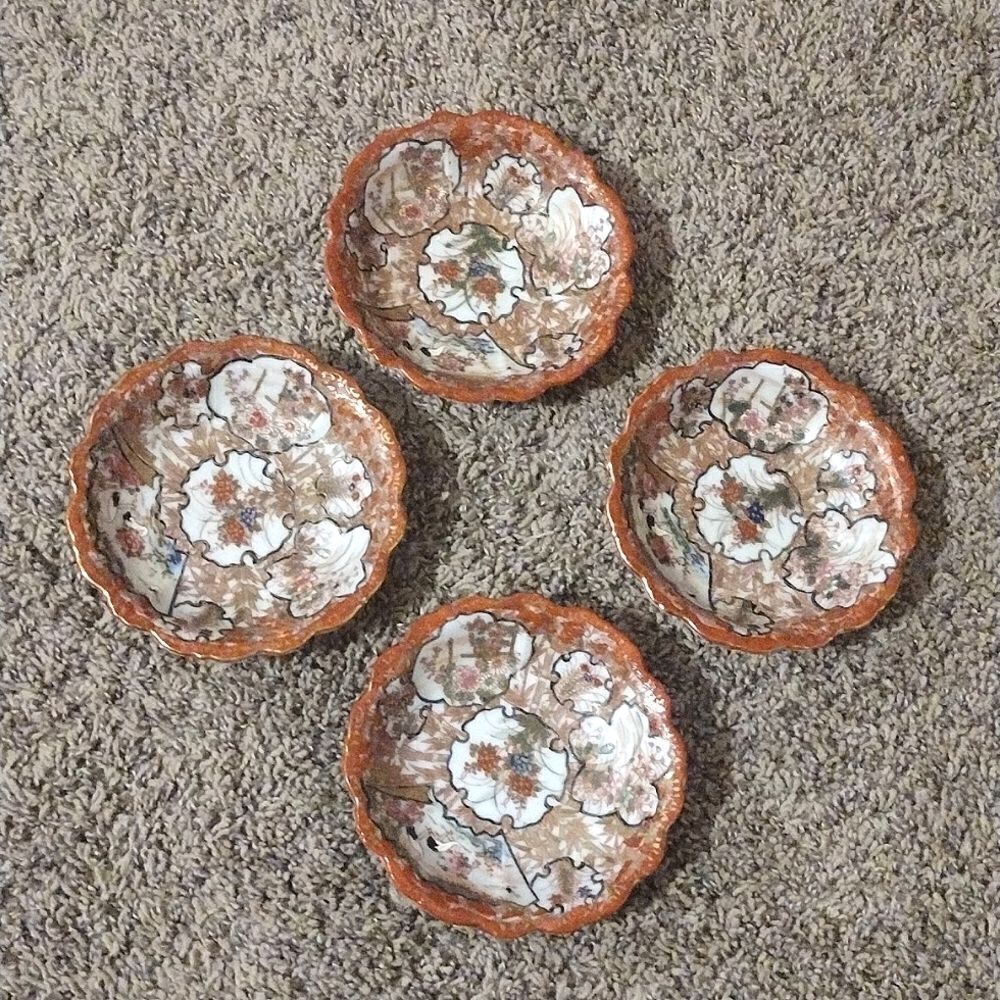 Vintage Asian Porcelain Set of Four Small Burnt Orange Gaudy Hand Painted Bowls